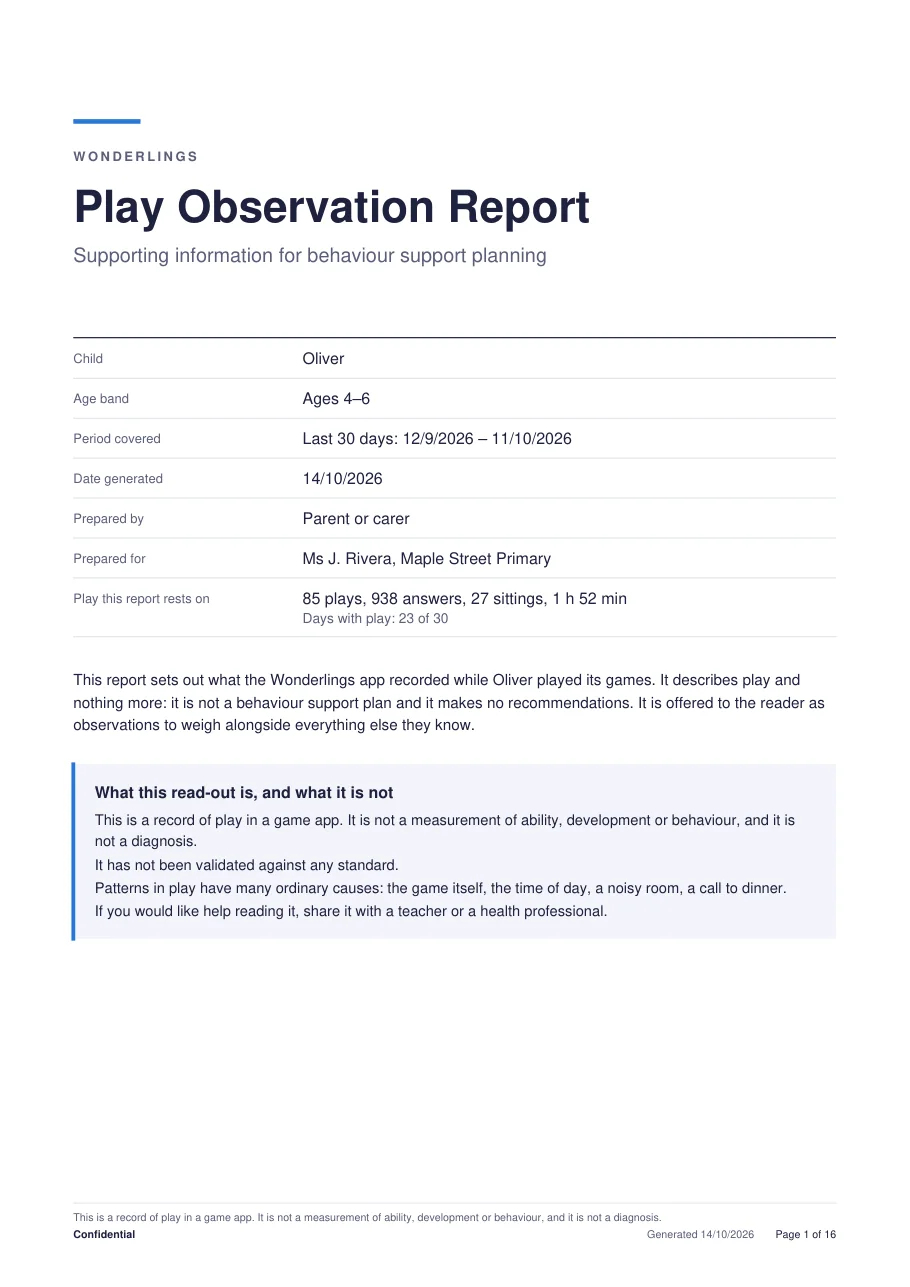 The first page of an example Play Observation Report.