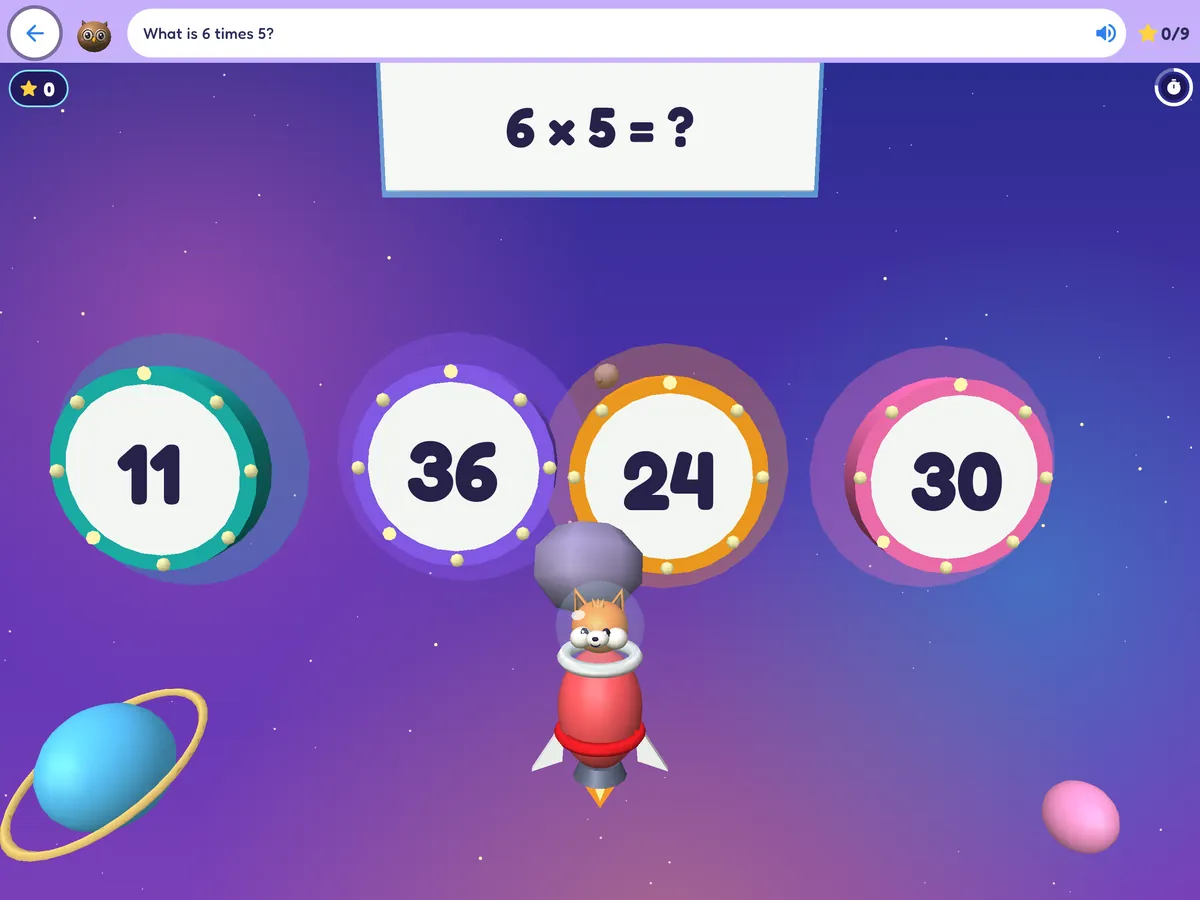A Star Cadets times-table mission: 9 × 2 = ? with answer buoys 20, 18, 16 and 11 floating in space.
