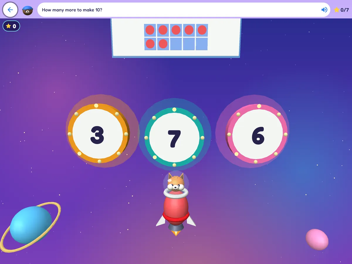 Star Cadets on a tablet: a fox in a rocket zaps the number that makes ten, and earns 100 points.