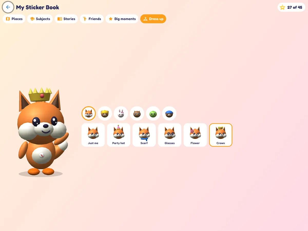 The sticker book's Dress up page: Pip the fox wearing a crown, with other outfits to choose.