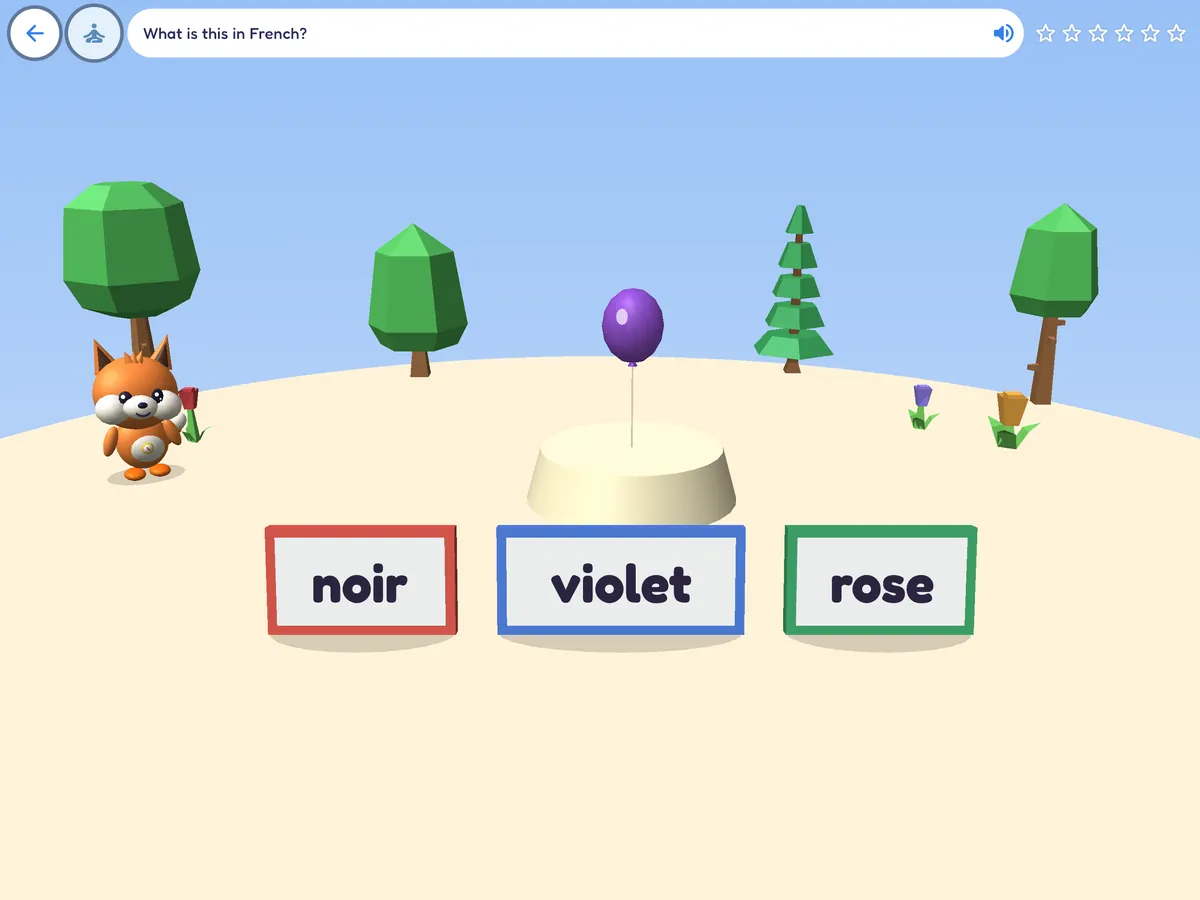 A French words game with Pip the fox: look at each picture and tap the French word that goes with it.