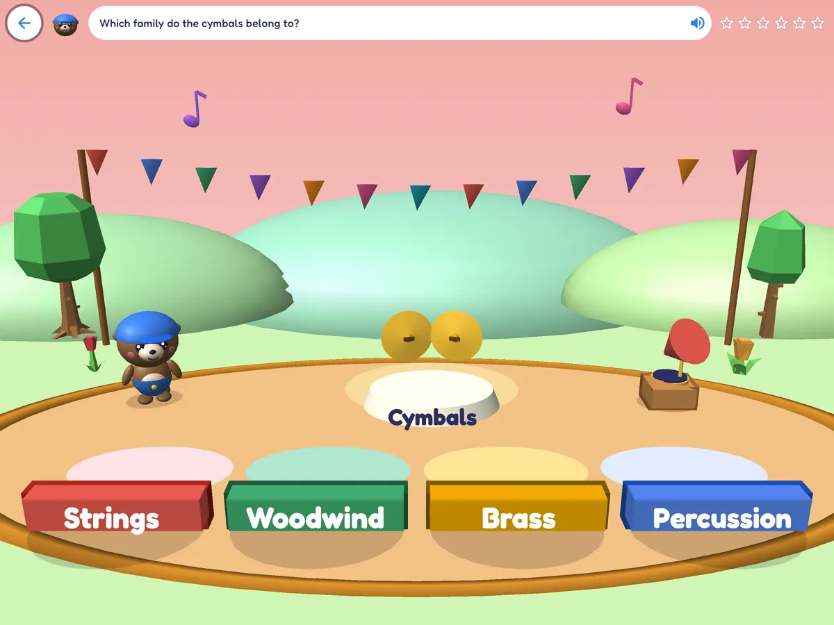 A music game on an orchestra stage: which family does the clarinet belong to? Strings, woodwind, brass or percussion.