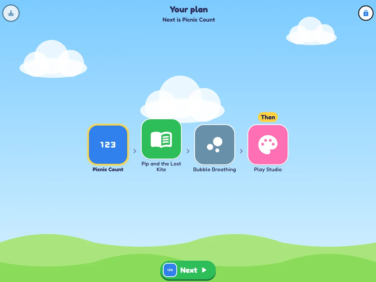 A session plan in the child's world: Your plan, Next is Picnic Count, then Pip and the Lost Kite, then Bubble Breathing, then Play Studio, with a big Next button.