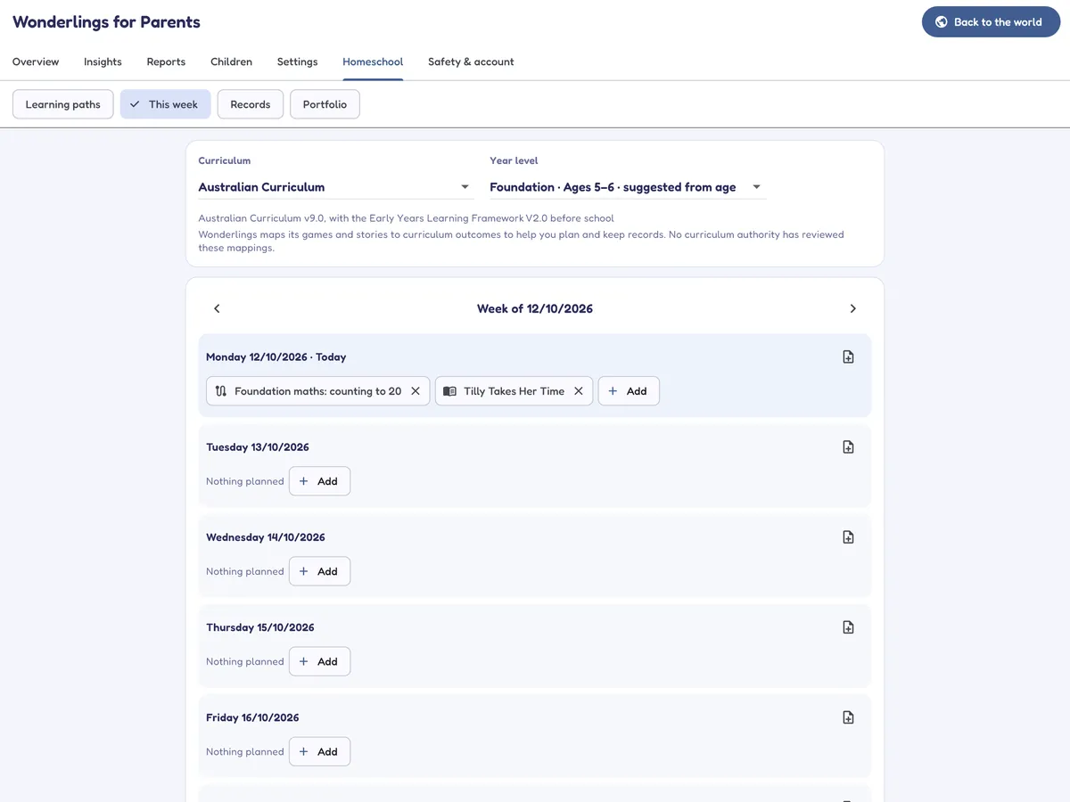 The weekly planner, with a maths path and a story planned for Monday.