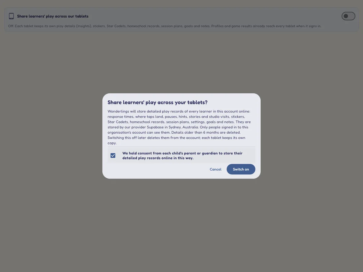 The consent step before sharing between tablets: what will be stored and where, and a tick box confirming the organisation holds consent from each child's parent or guardian.